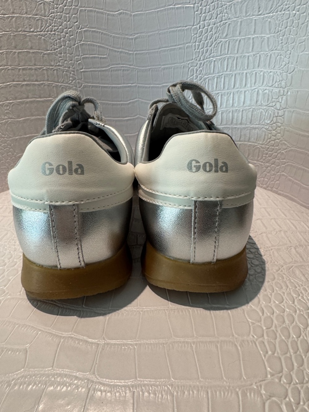 Gola Ladies Silver Sneakers with White Stripes and Gum Sole - Picture 6 of 9